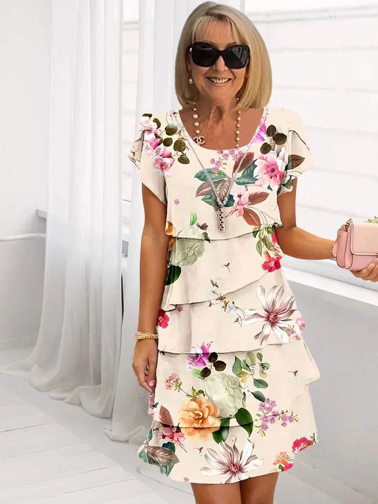 Tiered flutter sleeve party dress with scoop neck in a printed design - view 4