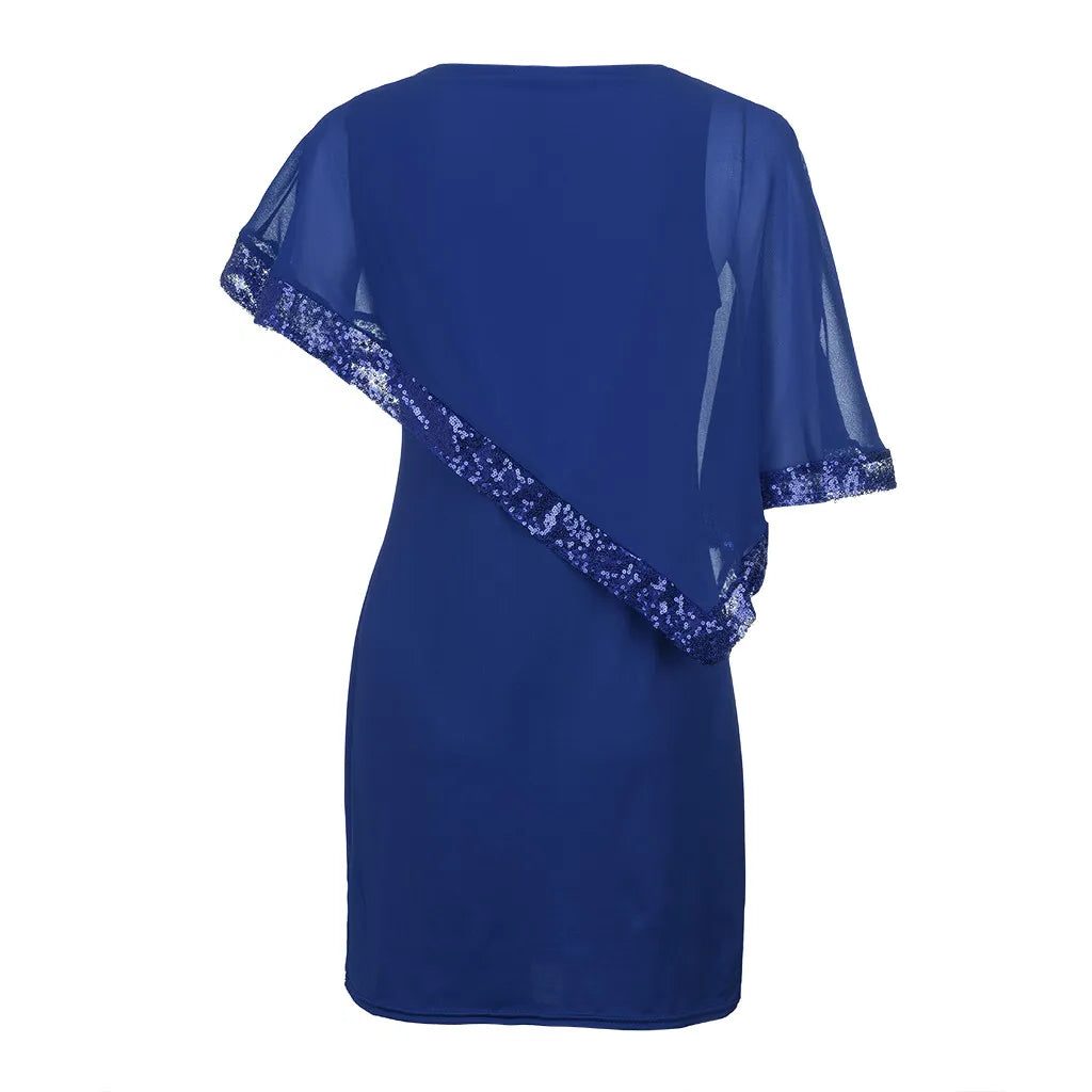 Fitted knee-length cocktail dress with sheer asymmetric cape overlay, cold-shoulder slits and sequin trim - view 10