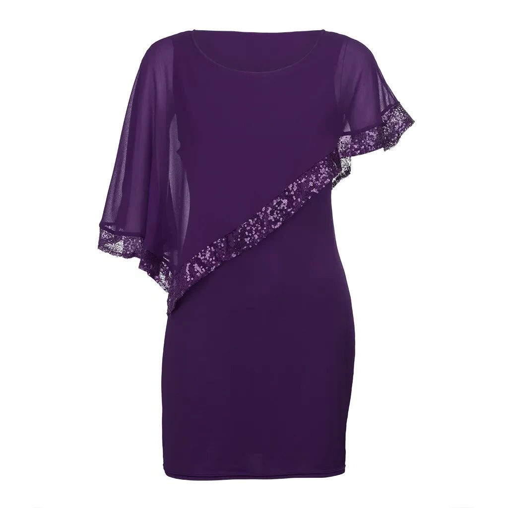 Fitted knee-length cocktail dress with sheer asymmetric cape overlay, cold-shoulder slits and sequin trim - view 11