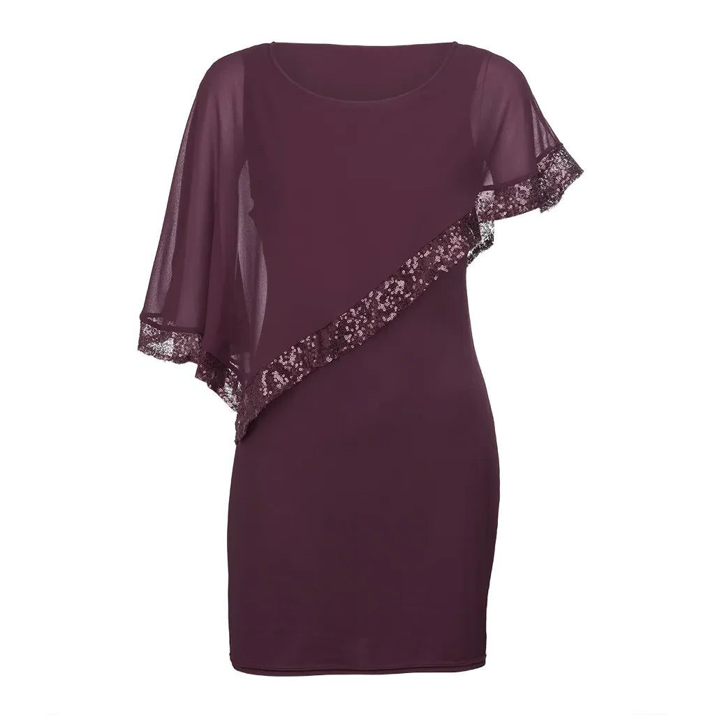 Fitted knee-length cocktail dress with sheer asymmetric cape overlay, cold-shoulder slits and sequin trim - view 12