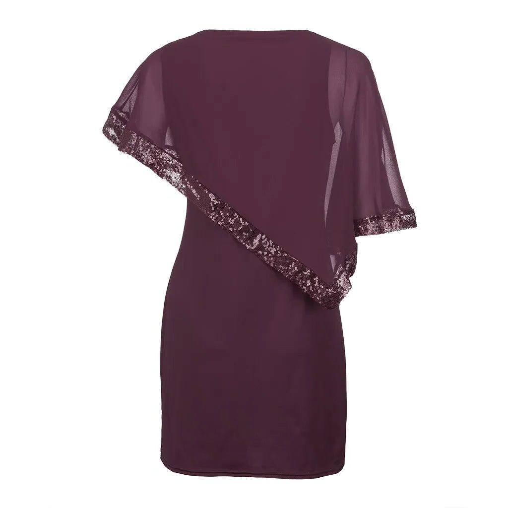 Fitted knee-length cocktail dress with sheer asymmetric cape overlay, cold-shoulder slits and sequin trim - view 13