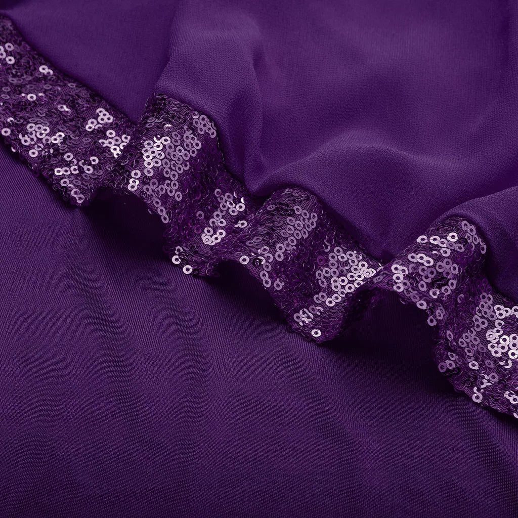 Fitted knee-length cocktail dress with sheer asymmetric cape overlay, cold-shoulder slits and sequin trim - view 19