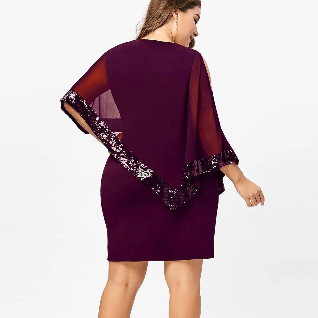 Fitted knee-length cocktail dress with sheer asymmetric cape overlay, cold-shoulder slits and sequin trim - view 22