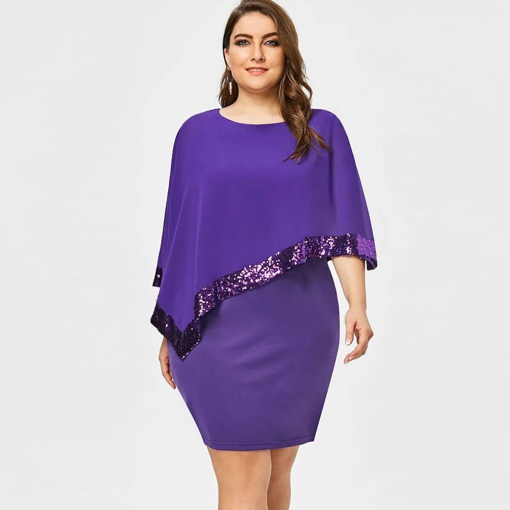 Fitted knee-length cocktail dress with sheer asymmetric cape overlay, cold-shoulder slits and sequin trim - view 23