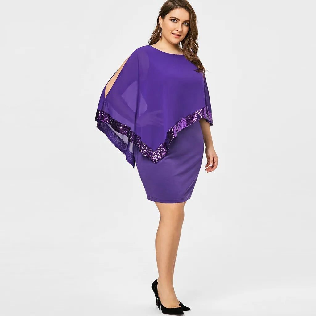 Fitted knee-length cocktail dress with sheer asymmetric cape overlay, cold-shoulder slits and sequin trim - view 24
