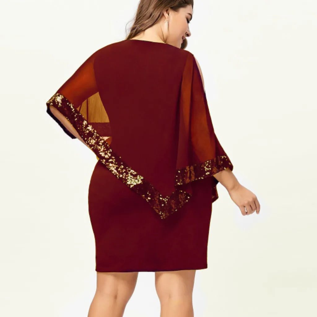 Fitted knee-length cocktail dress with sheer asymmetric cape overlay, cold-shoulder slits and sequin trim - view 25