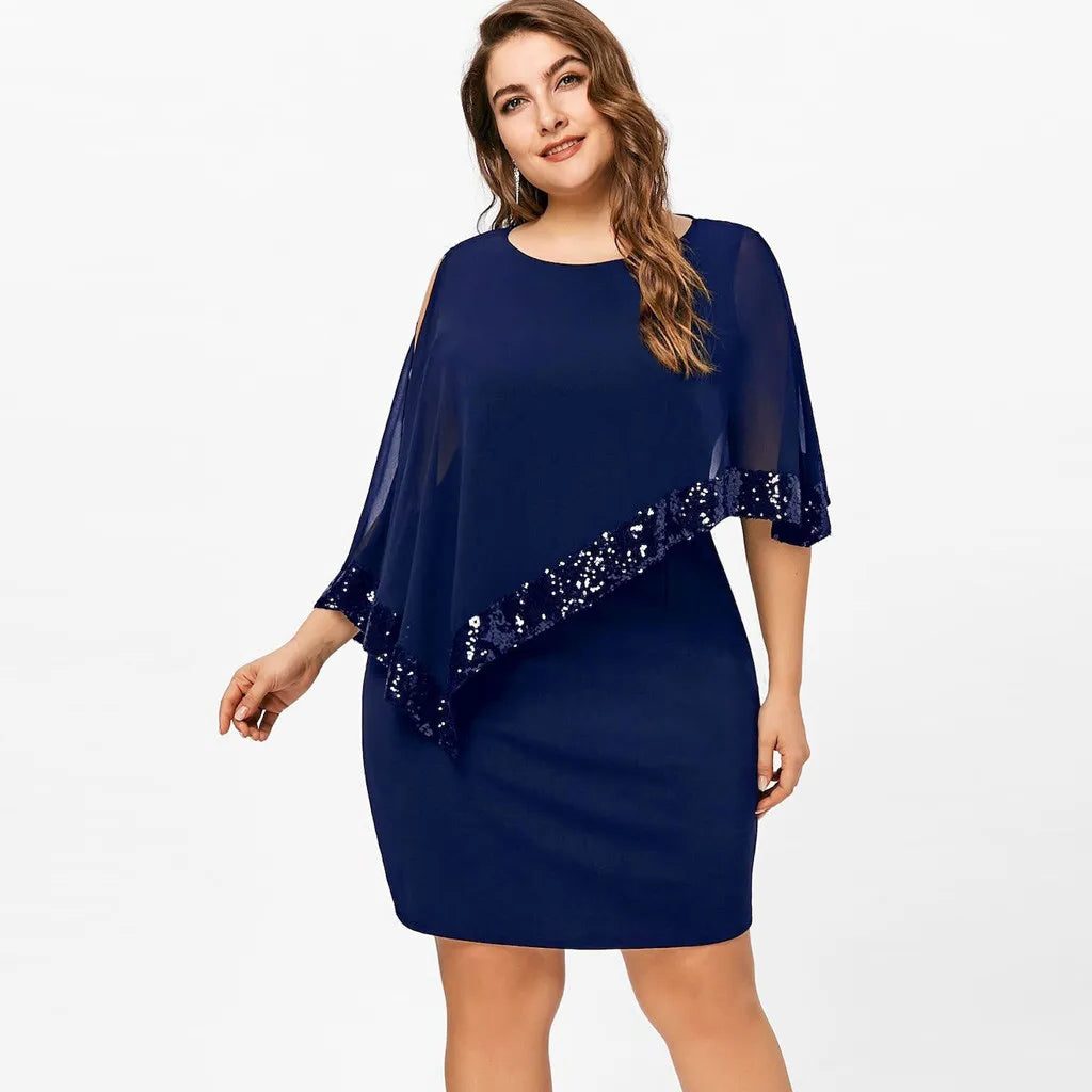 Fitted knee-length cocktail dress with sheer asymmetric cape overlay, cold-shoulder slits and sequin trim - view 26