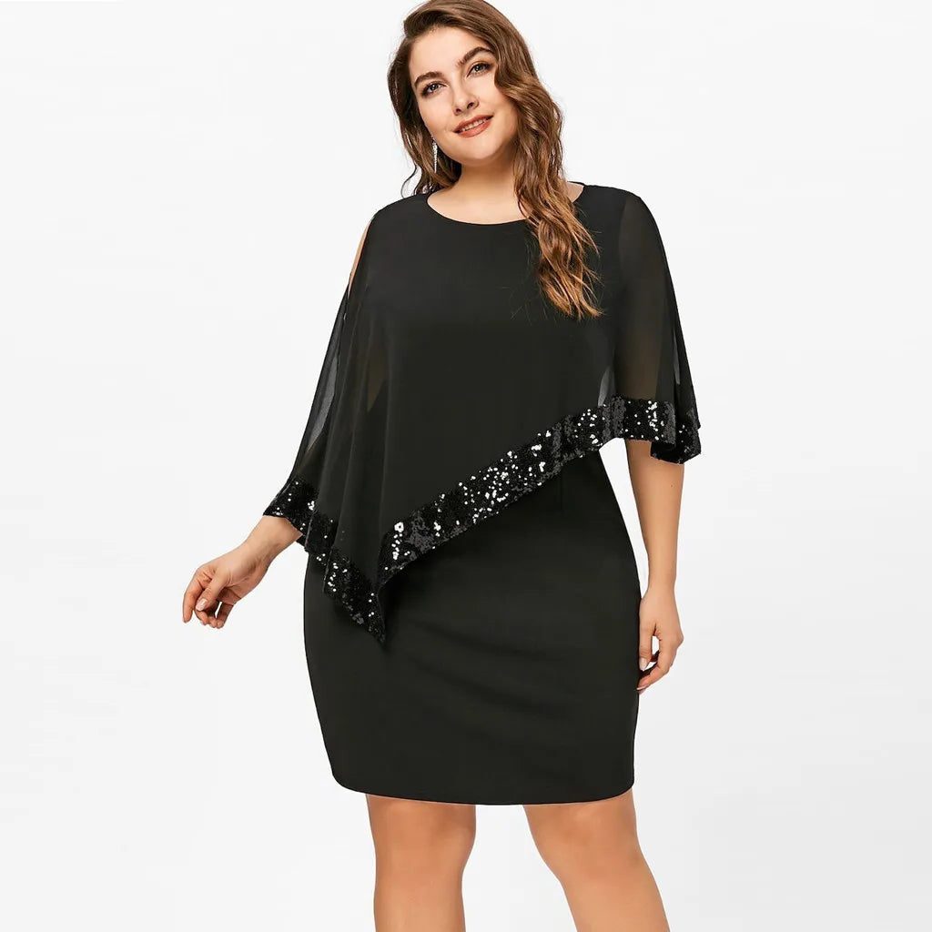 Fitted knee-length cocktail dress with sheer asymmetric cape overlay, cold-shoulder slits and sequin trim - view 27