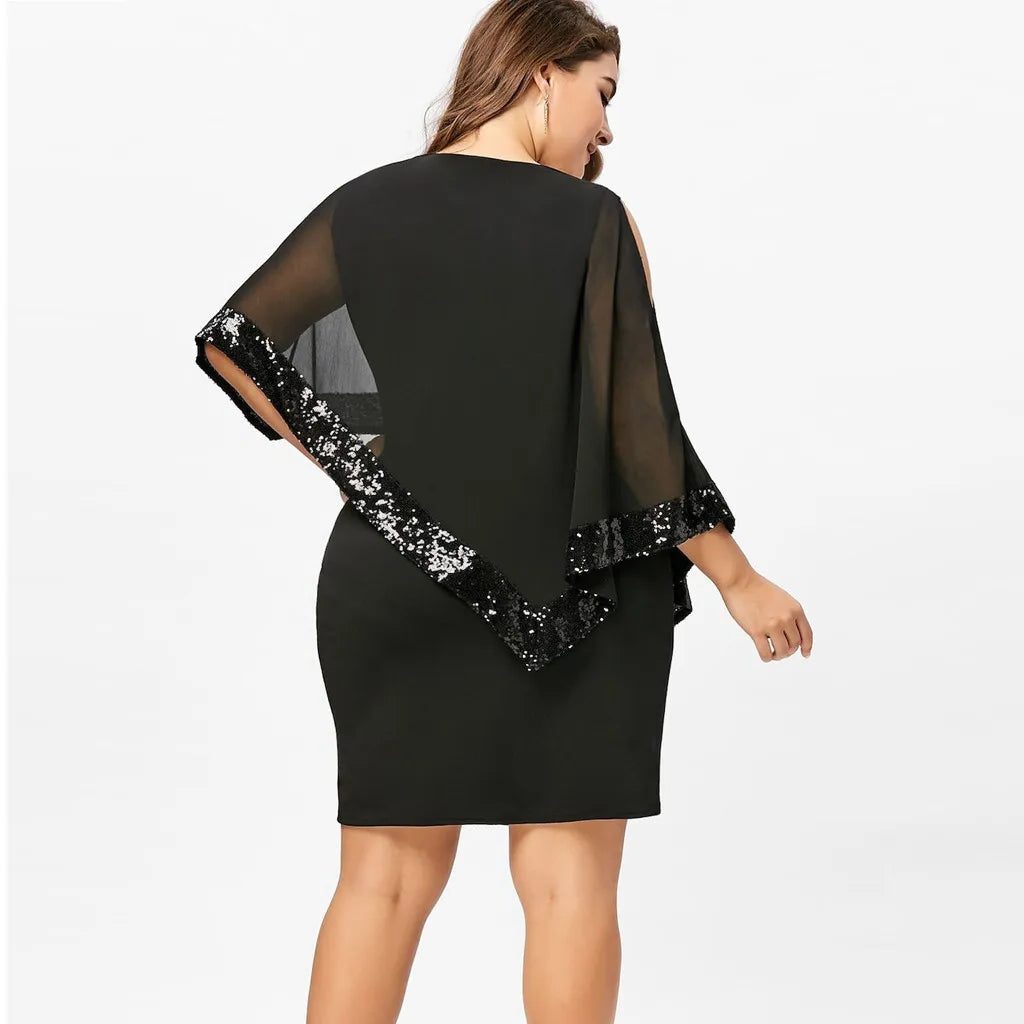 Fitted knee-length cocktail dress with sheer asymmetric cape overlay, cold-shoulder slits and sequin trim - view 28
