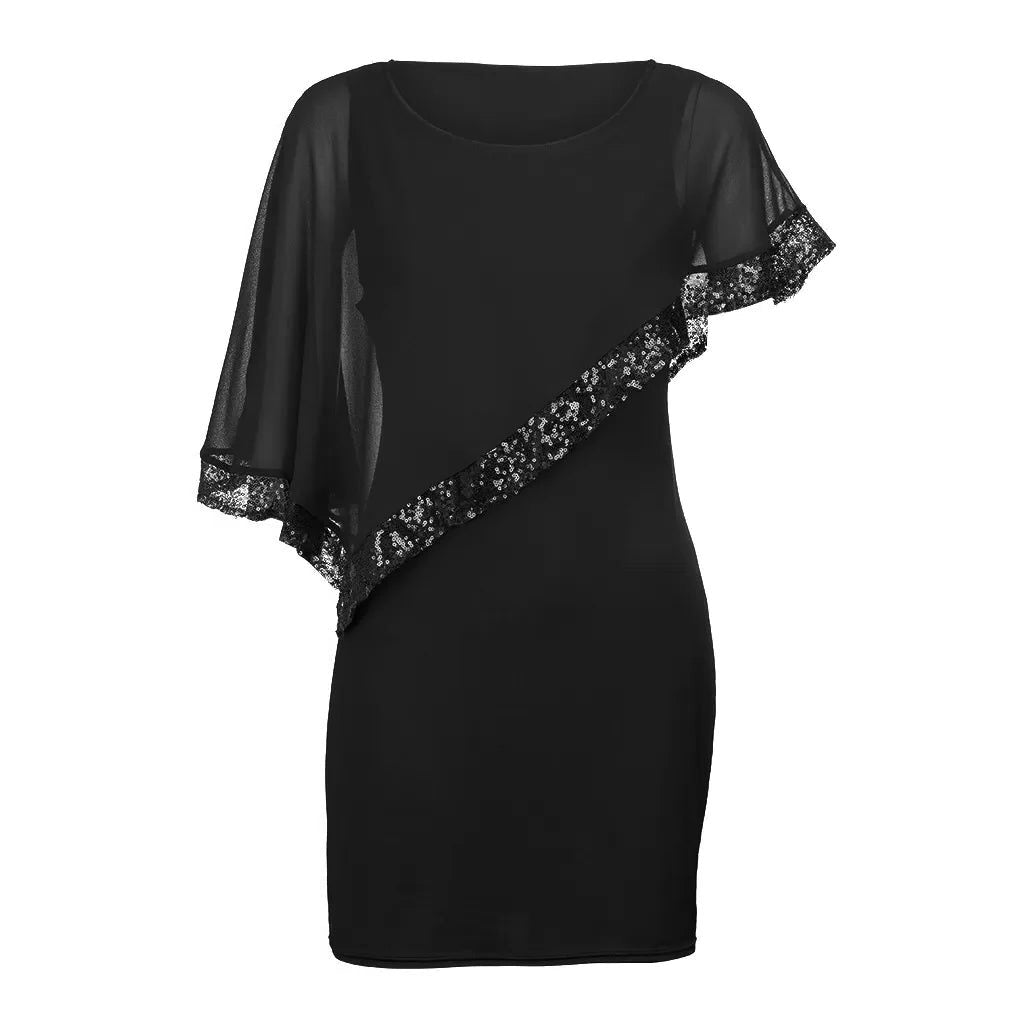 Fitted knee-length cocktail dress with sheer asymmetric cape overlay, cold-shoulder slits and sequin trim - view 6