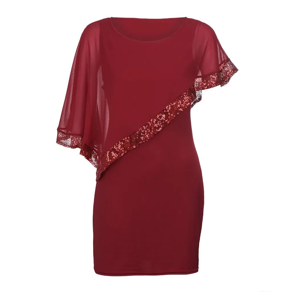 Fitted knee-length cocktail dress with sheer asymmetric cape overlay, cold-shoulder slits and sequin trim - view 7
