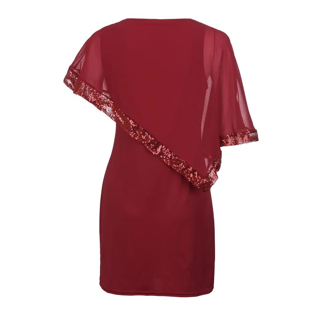Fitted knee-length cocktail dress with sheer asymmetric cape overlay, cold-shoulder slits and sequin trim - view 8