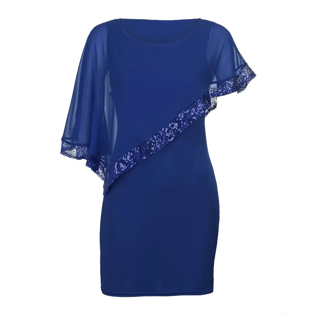 Fitted knee-length cocktail dress with sheer asymmetric cape overlay, cold-shoulder slits and sequin trim - view 9