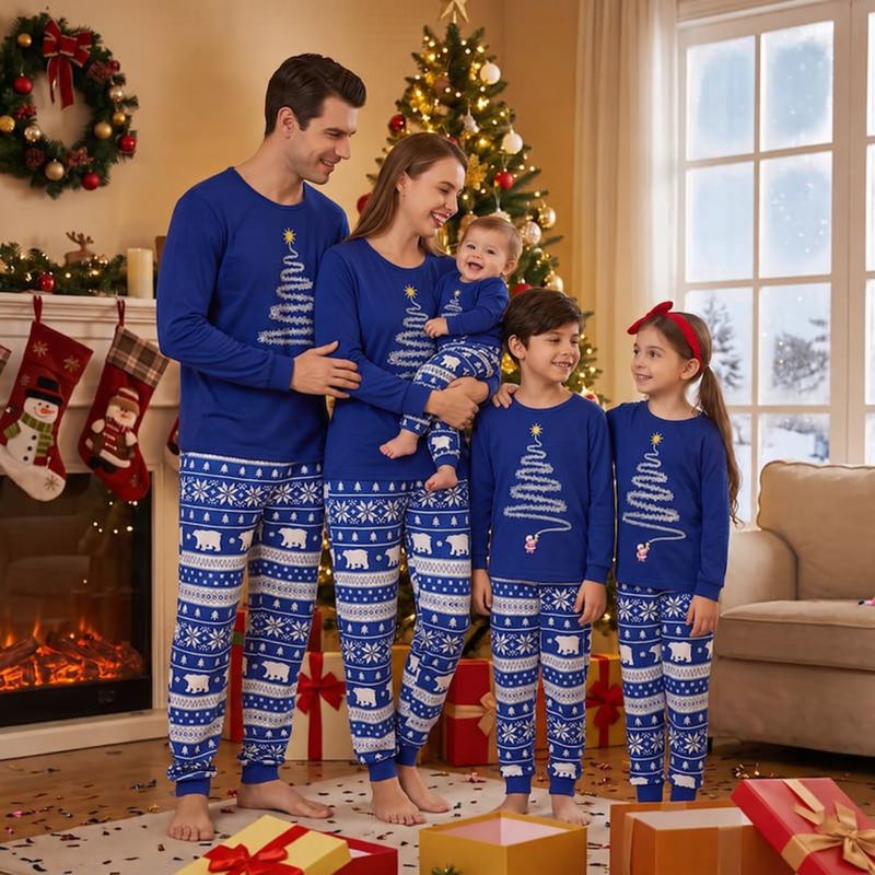 Matching holiday pajamas, royal blue long sleeve tree top with polar bear Fair Isle-style pants