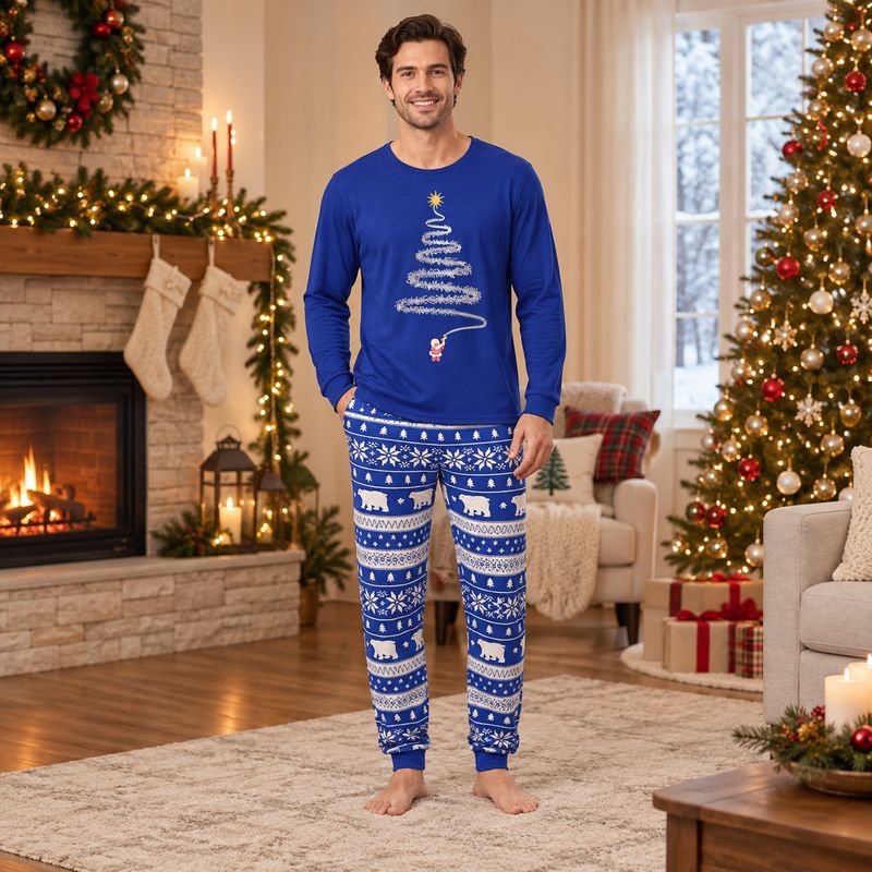 Matching holiday pajamas, royal blue long sleeve tree top with polar bear Fair Isle-style pants - view 2