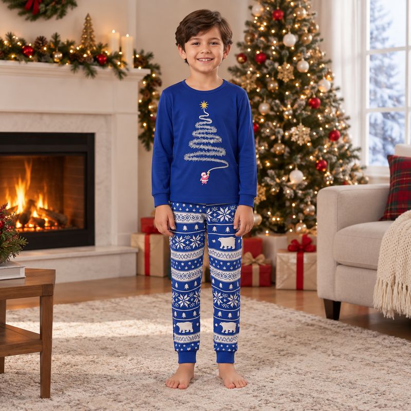 Matching holiday pajamas, royal blue long sleeve tree top with polar bear Fair Isle-style pants - view 4