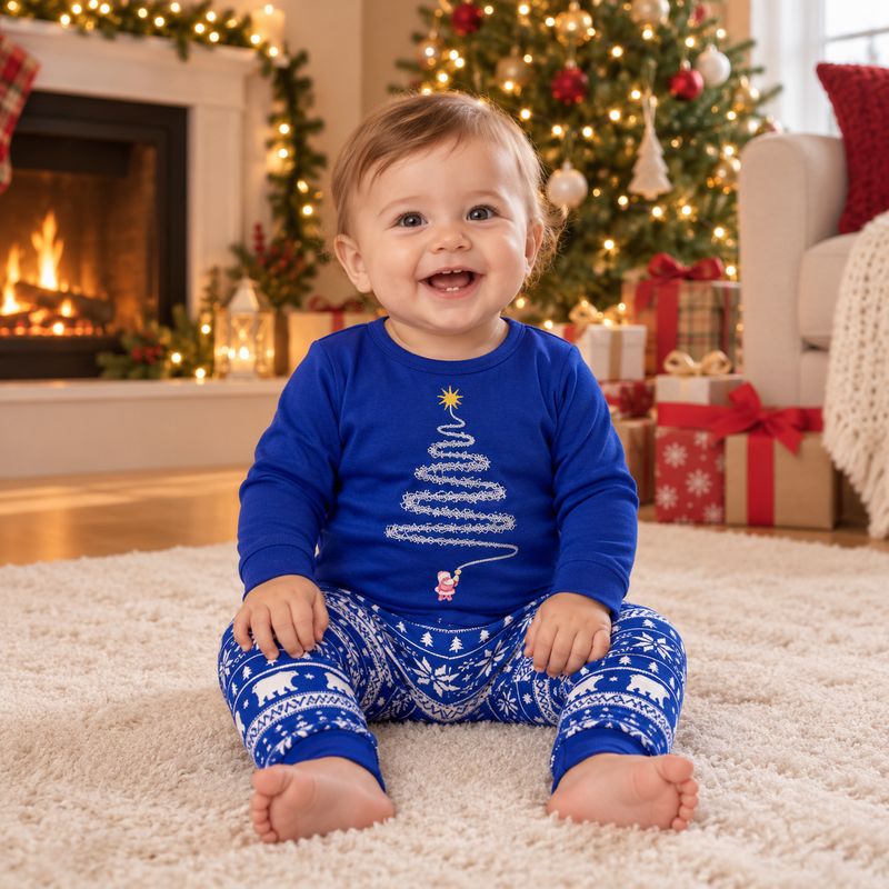 Matching holiday pajamas, royal blue long sleeve tree top with polar bear Fair Isle-style pants - view 5