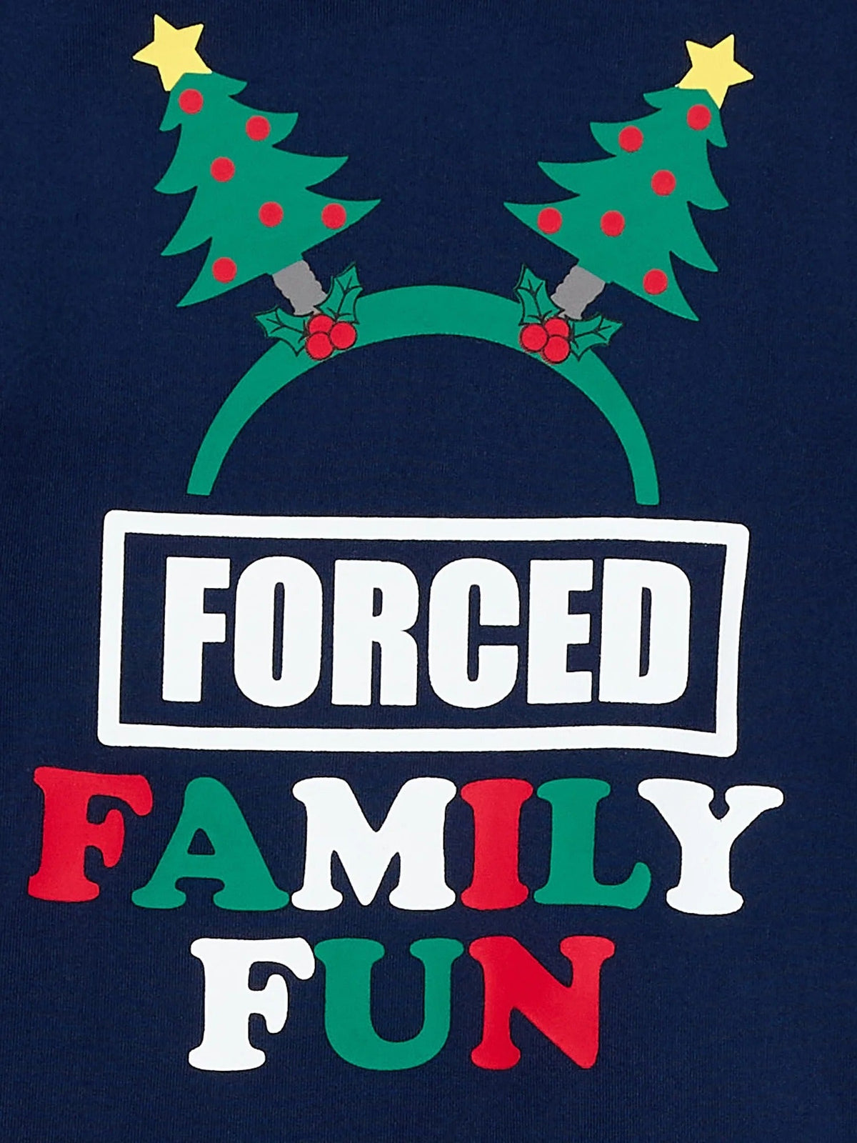 Family wearing matching navy Christmas pajamas with Santa hat graphic tops and holiday print pants - view 10