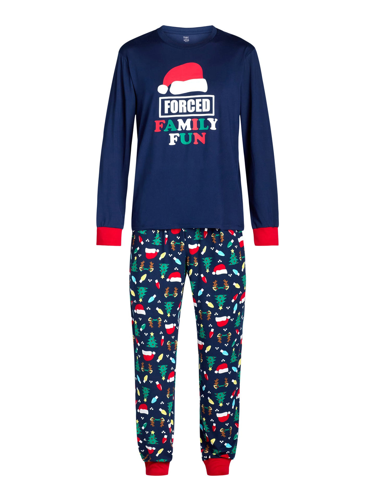 Family wearing matching navy Christmas pajamas with Santa hat graphic tops and holiday print pants - view 9