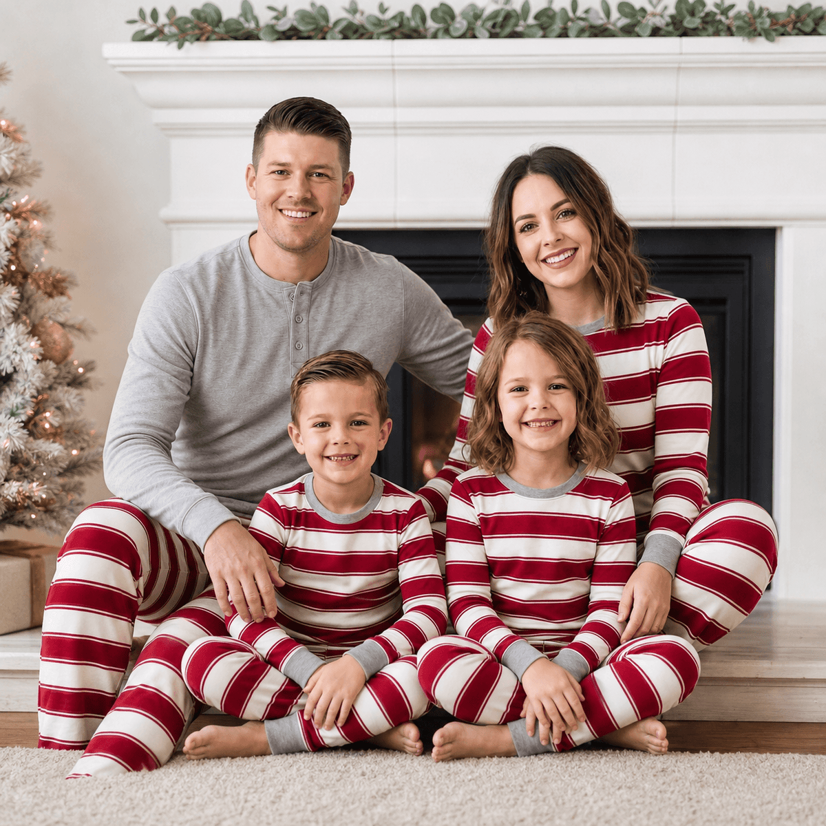 Family wearing matching red and white candy cane striped Christmas pajamas by the tree - view 3