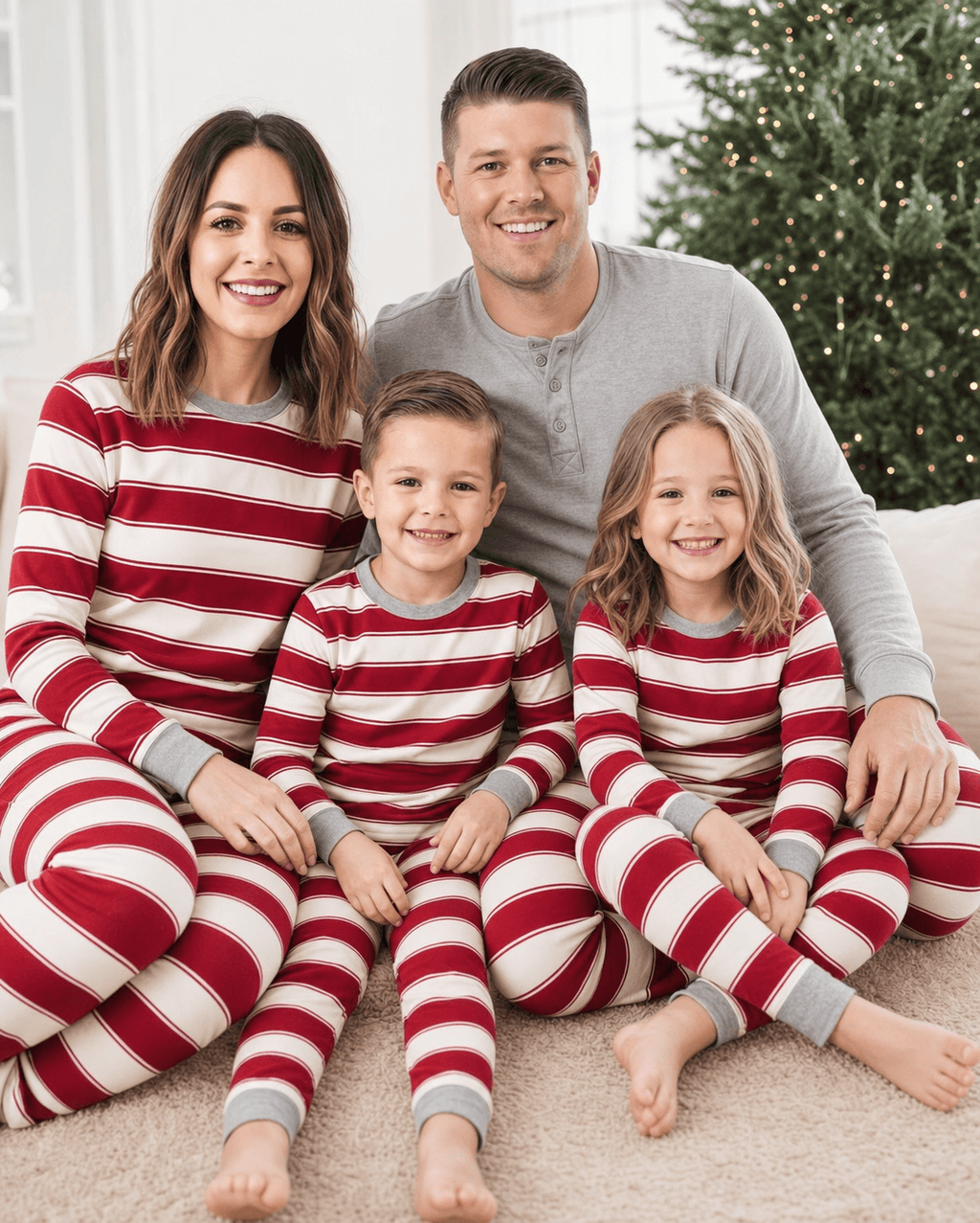 Family wearing matching red and white candy cane striped Christmas pajamas by the tree - view 6