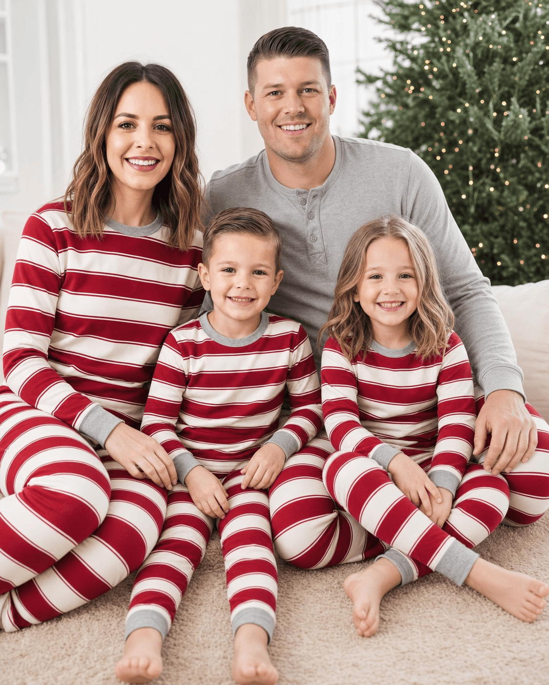 Family wearing matching red and white candy cane striped Christmas pajamas by the tree - view 6