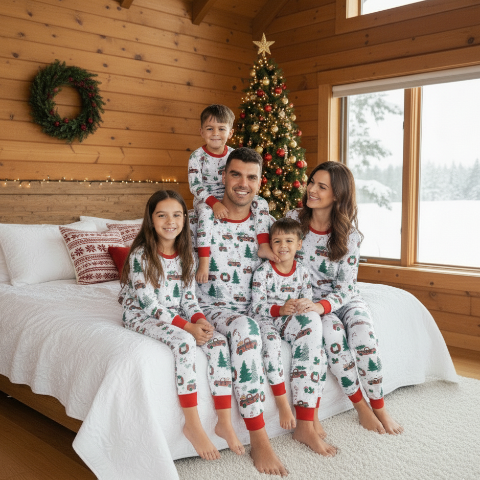 Family matching Christmas pajamas with plaid truck, tree and wreath print and red cuffs