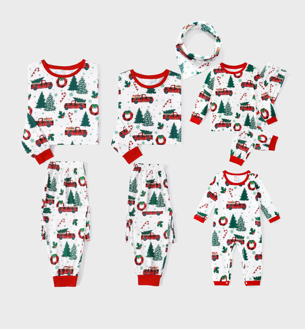 Family matching Christmas pajamas with plaid truck, tree and wreath print and red cuffs - view 2