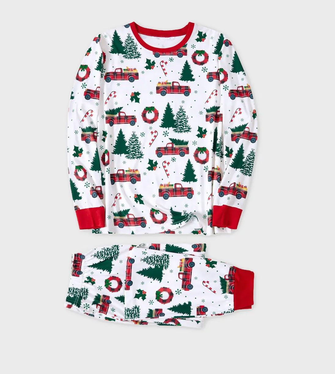 Family matching Christmas pajamas with plaid truck, tree and wreath print and red cuffs - view 3