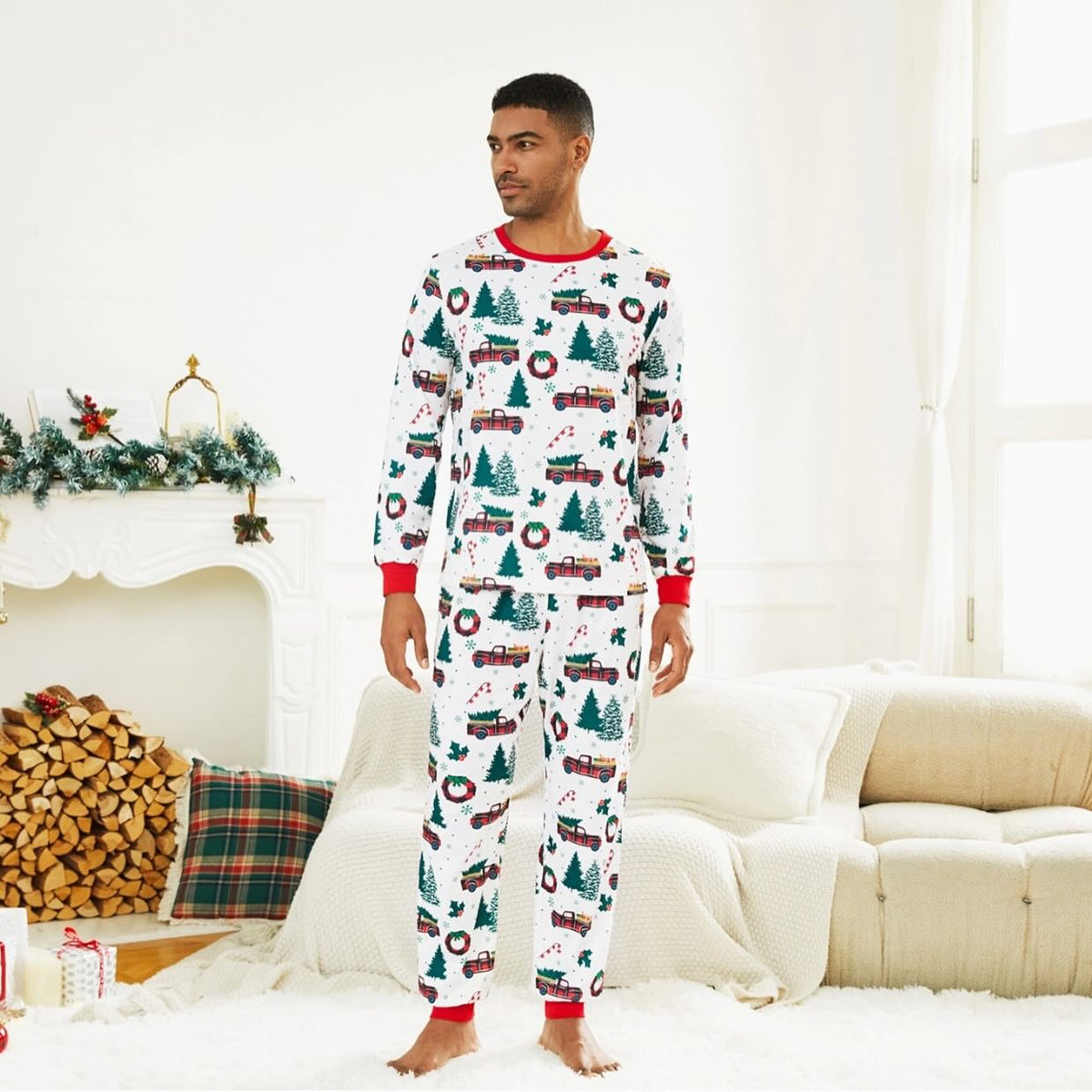 Family matching Christmas pajamas with plaid truck, tree and wreath print and red cuffs - view 5