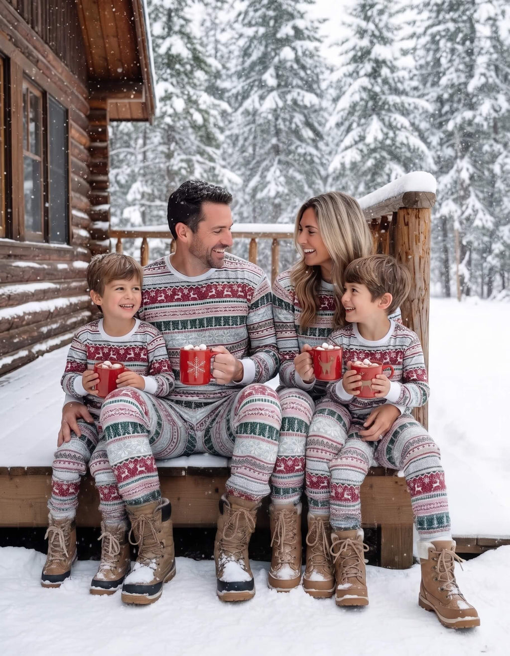 Family wearing matching Fair Isle Christmas pajamas with reindeer print and white cuffs