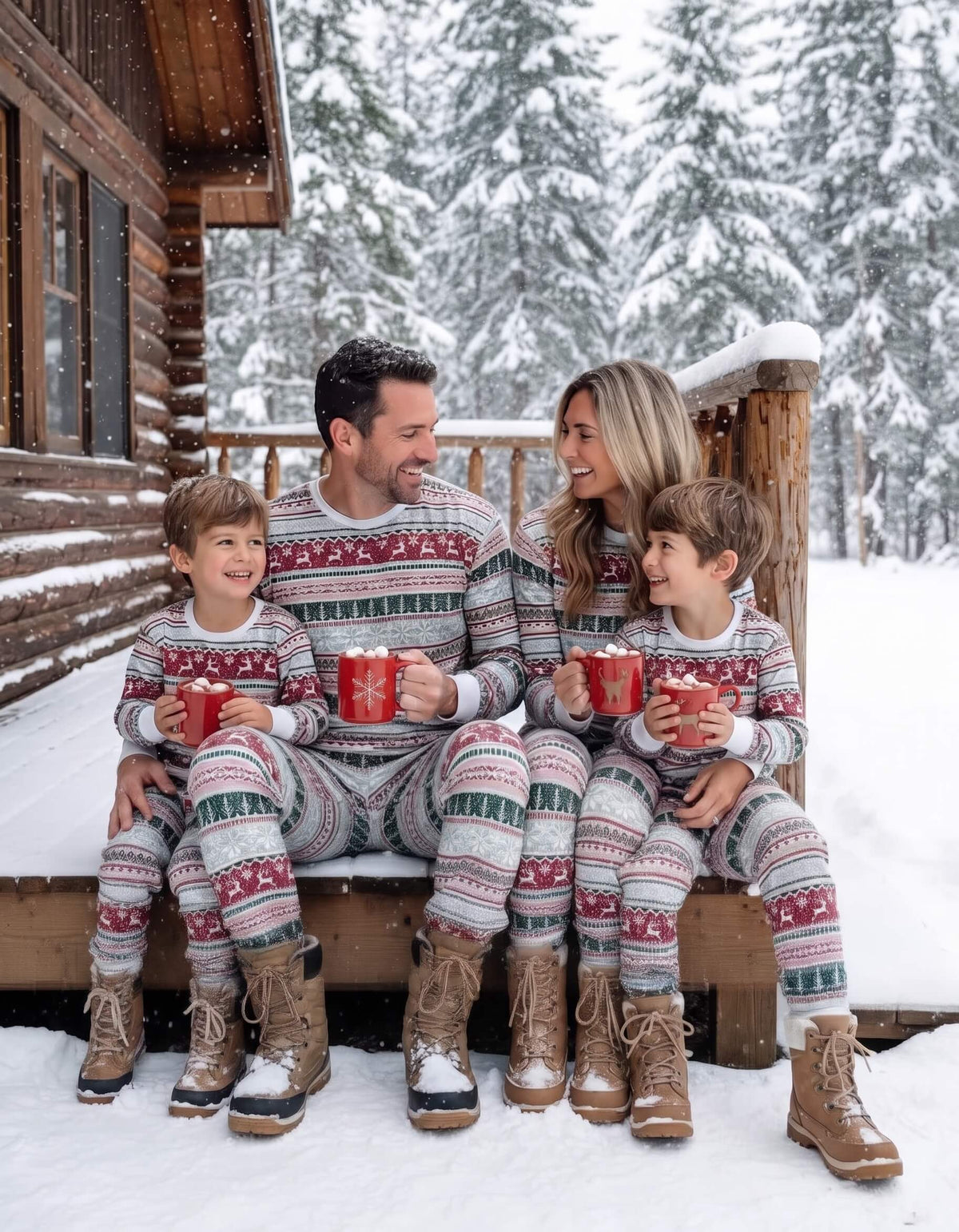 Family wearing matching Fair Isle Christmas pajamas with reindeer print and white cuffs