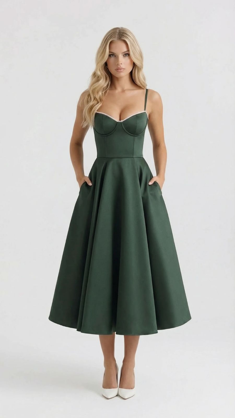 Juliana satin sweetheart midi dress with lace-trimmed bust cups and full flared skirt