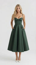 Juliana satin sweetheart midi dress with lace-trimmed bust cups and full flared skirt