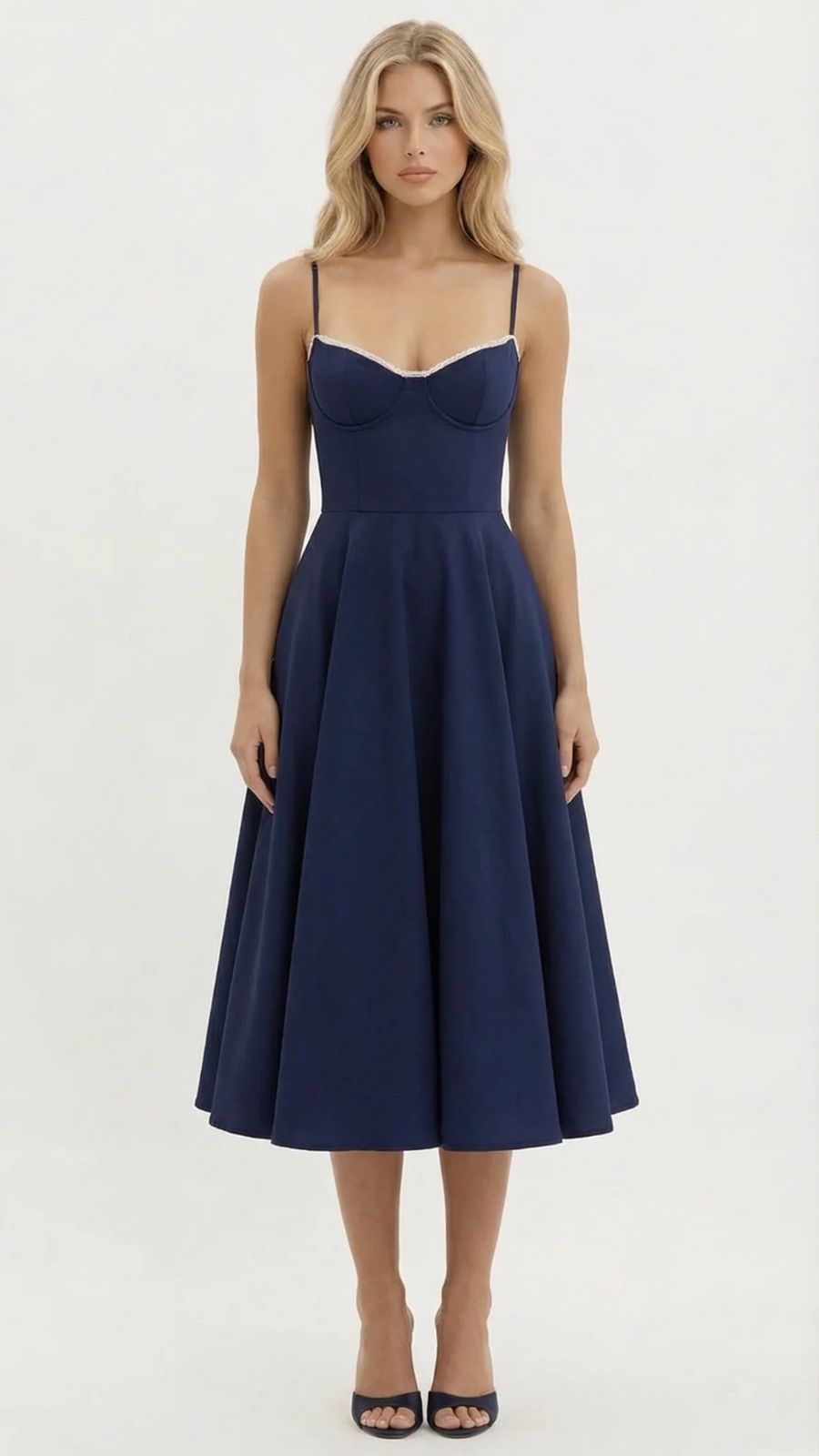 Juliana satin sweetheart midi dress with lace-trimmed bust cups and full flared skirt - view 10