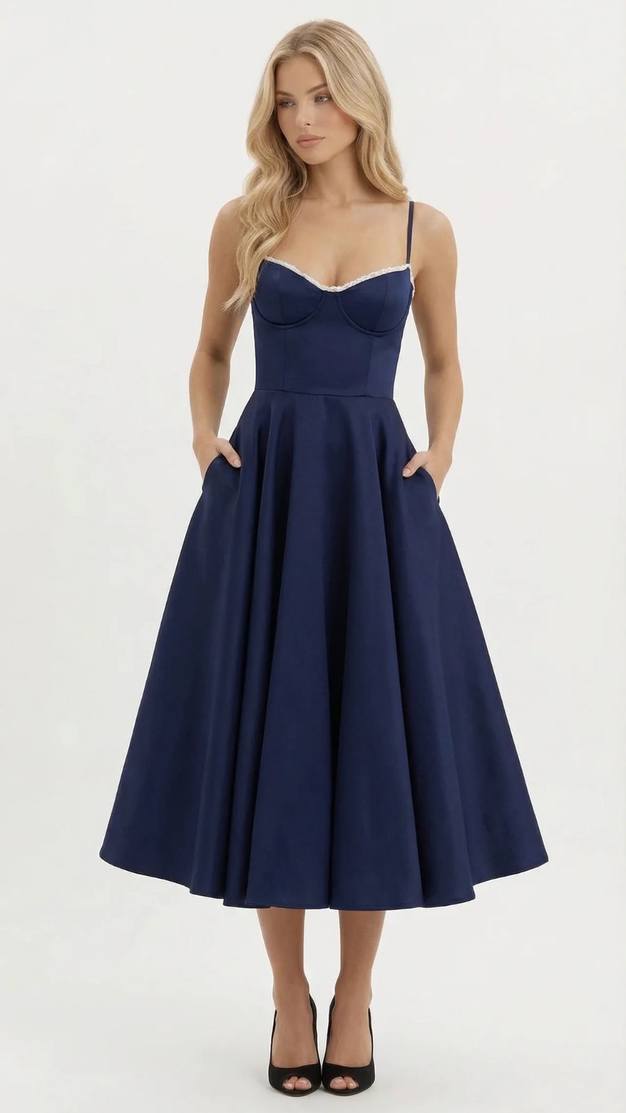 Juliana satin sweetheart midi dress with lace-trimmed bust cups and full flared skirt - view 11