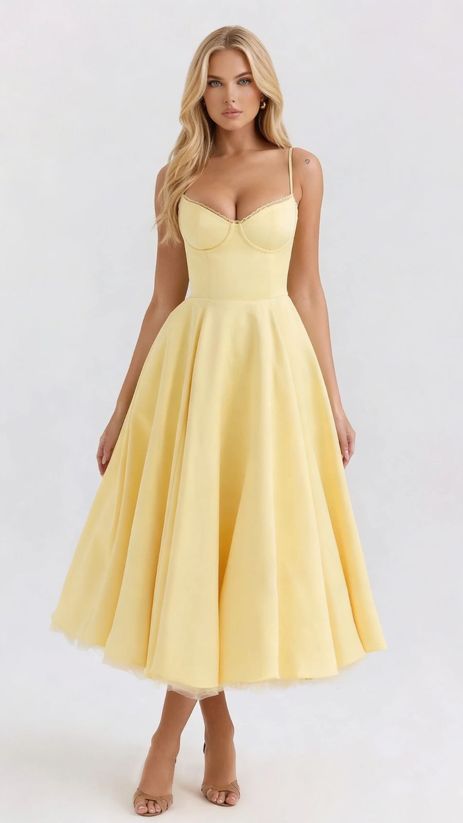 Juliana satin sweetheart midi dress with lace-trimmed bust cups and full flared skirt - view 14