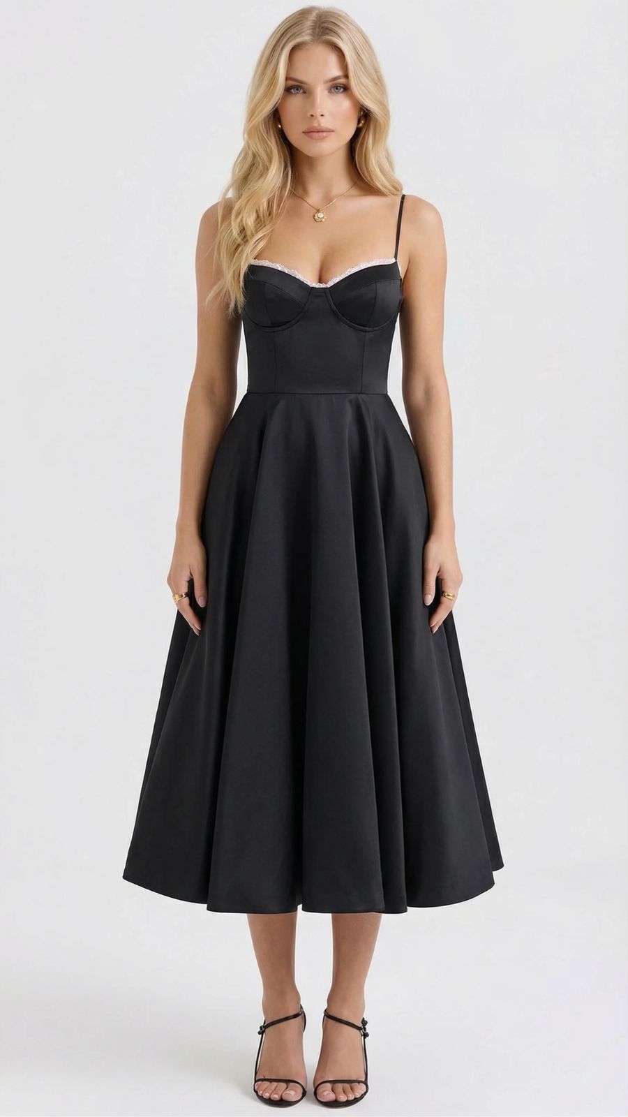 Juliana satin sweetheart midi dress with lace-trimmed bust cups and full flared skirt - view 16