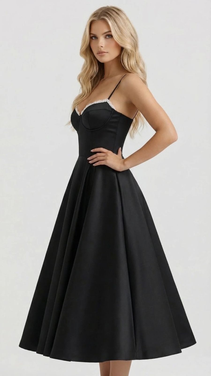 Juliana satin sweetheart midi dress with lace-trimmed bust cups and full flared skirt - view 17