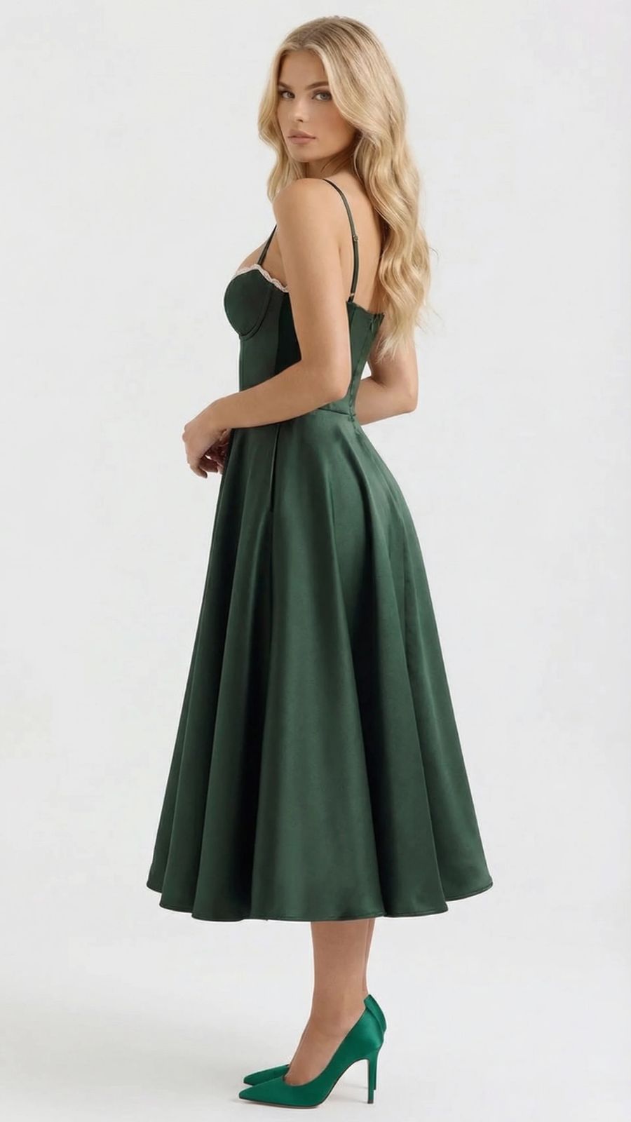 Juliana satin sweetheart midi dress with lace-trimmed bust cups and full flared skirt - view 2