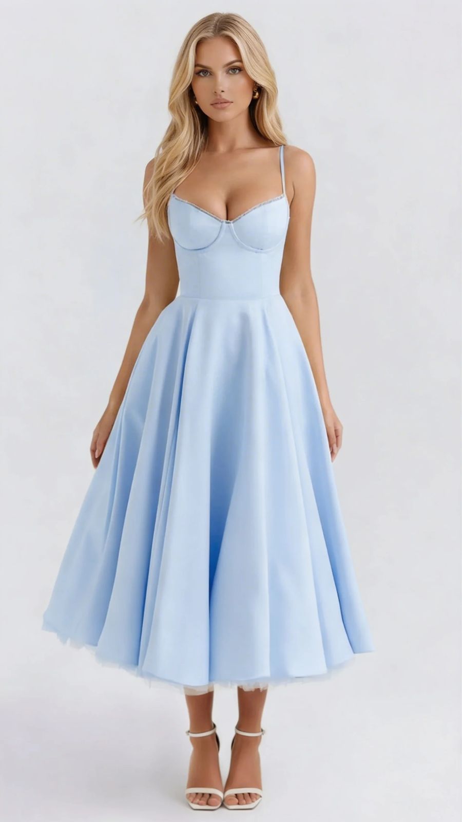 Juliana satin sweetheart midi dress with lace-trimmed bust cups and full flared skirt - view 27