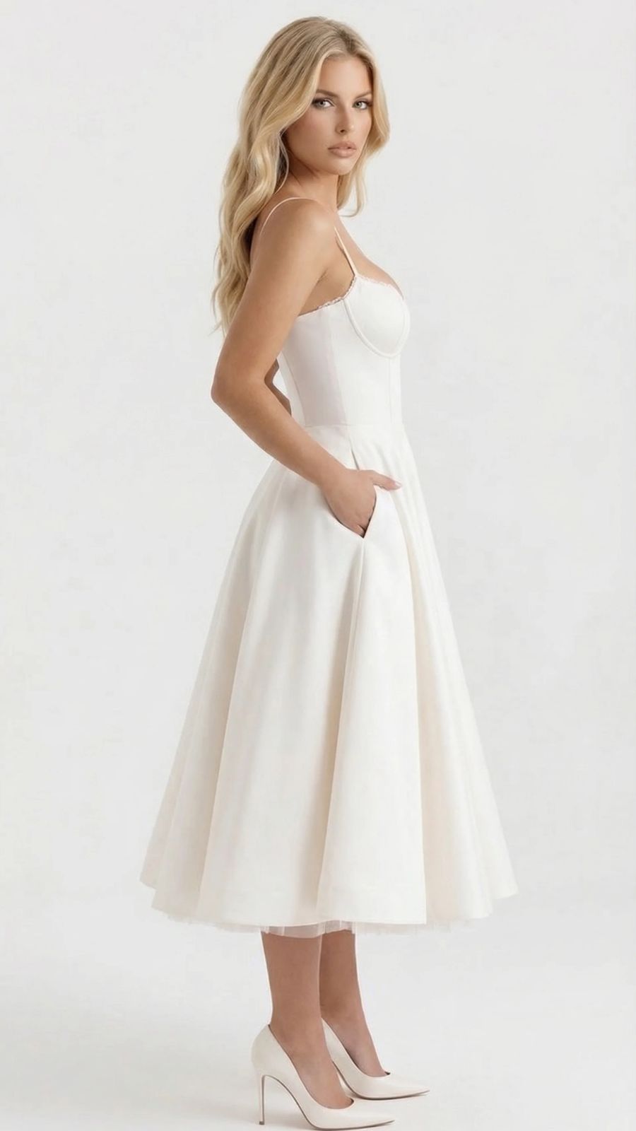 Juliana satin sweetheart midi dress with lace-trimmed bust cups and full flared skirt - view 31