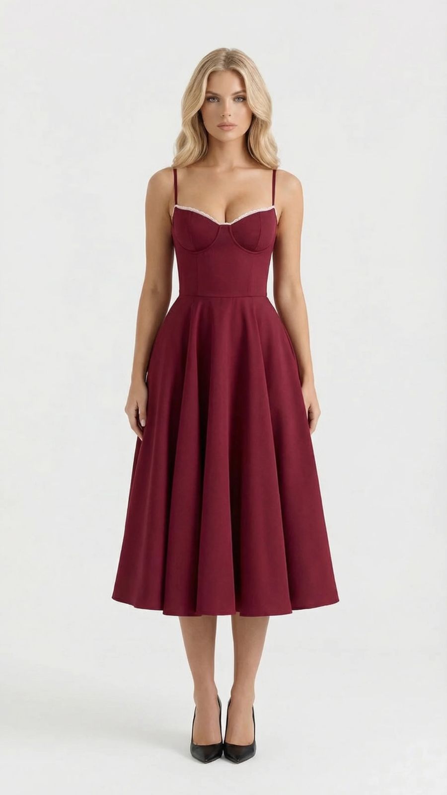 Juliana satin sweetheart midi dress with lace-trimmed bust cups and full flared skirt - view 5