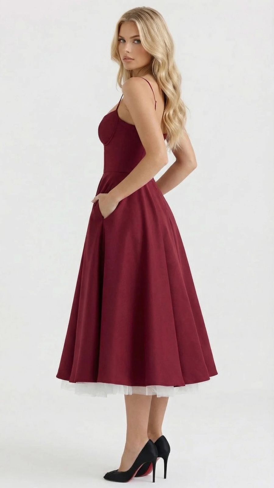 Juliana satin sweetheart midi dress with lace-trimmed bust cups and full flared skirt - view 6