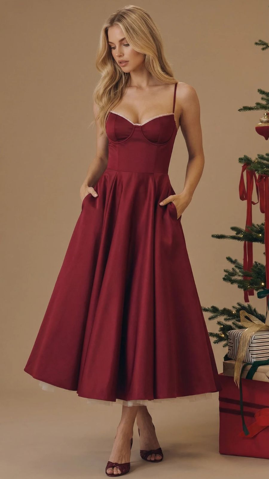 Juliana satin sweetheart midi dress with lace-trimmed bust cups and full flared skirt - view 8