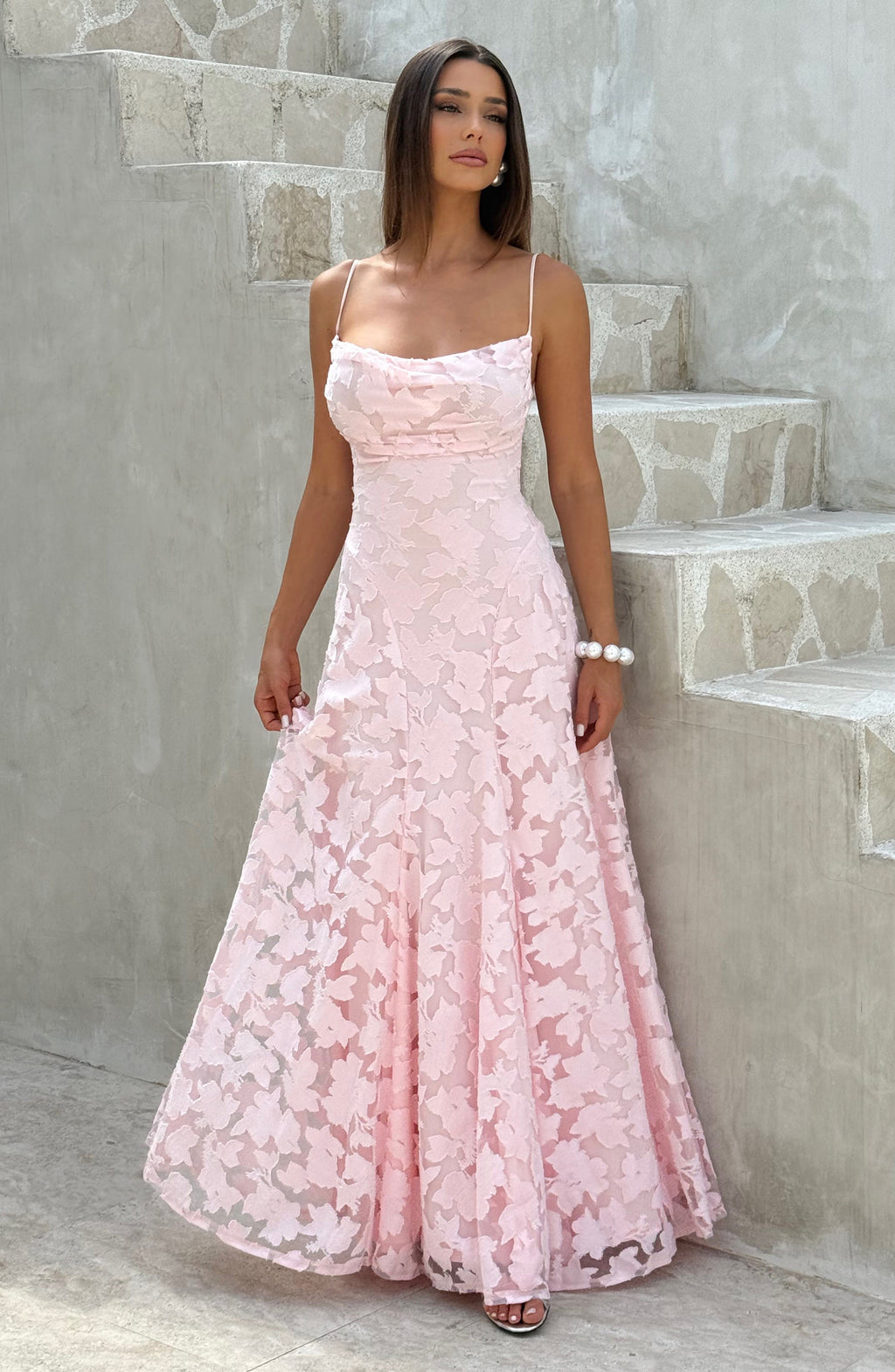 Floral textured evening dress with cowl neckline and flared floor-length skirt