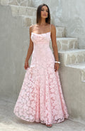 Floral textured evening dress with cowl neckline and flared floor-length skirt