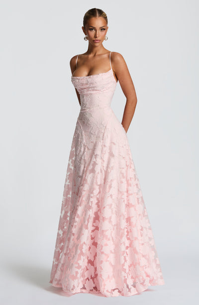 Floral textured evening dress with cowl neckline and flared floor-length skirt - view 10