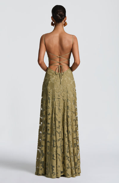 Floral textured evening dress with cowl neckline and flared floor-length skirt - view 11