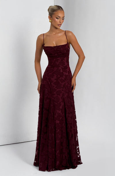 Floral textured evening dress with cowl neckline and flared floor-length skirt - view 12
